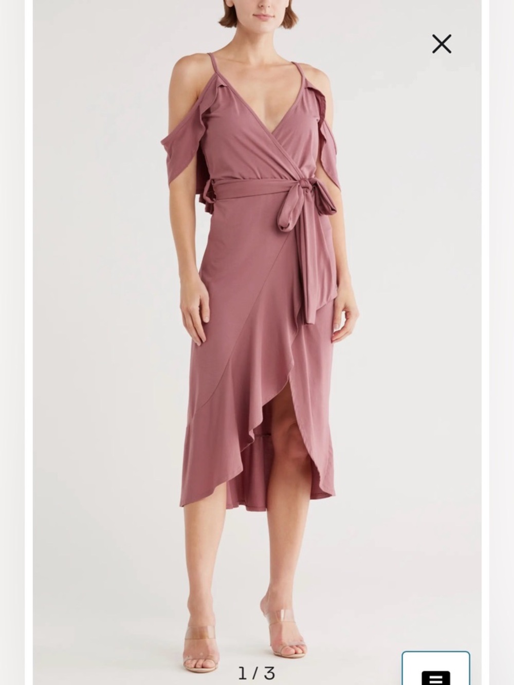 NWT- GO COUTURE Cold Shoulder Wrap Dress, Dark Mauve Ponte, size Large
